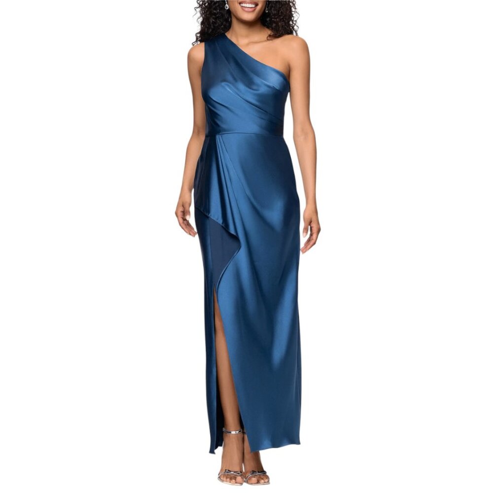 NWT XSCAPE One-Shoulder Satin Gown Ocean Blue Size 6